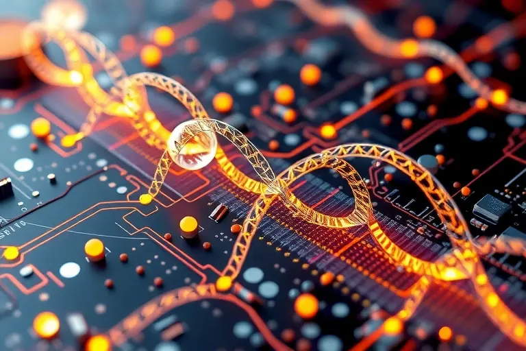 A microscopic visualization of quantum mechanical processes causing degradation in electronic circuits, showing electron interactions and lattice defects in semiconductor materials, with abstract quantum wave patterns and energy fluctuations, scientific and clean aesthetic