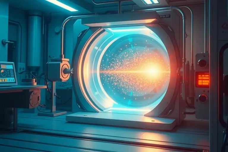 A futuristic laboratory scene depicting laser cooling of antimatter: a bright laser beam interacting with a stream of positrons inside a vacuum chamber, surrounded by advanced scientific equipment and subtle glowing effects, all rendered in a clean, high-tech environment.