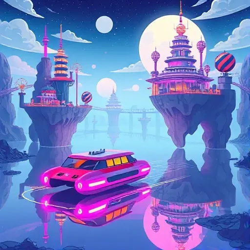 A whimsical illustration of futuristic hover ferries gliding over a calm river, surrounded by floating islands with impossible physics-defying structures, vibrant neon colors, and exaggerated perspective, in the smallHQ style