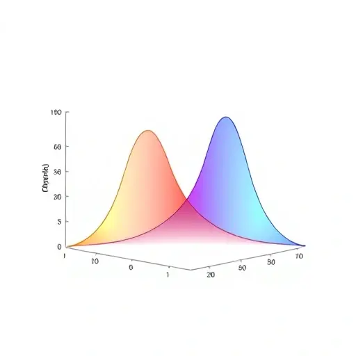 Abstract visualization of Bell-Vald statistical inequality violation. Depict two overlapping probability distributions, one slightly skewed, illustrating a scenario where the inequality is violated. Use color gradients to represent probability density. The background should be a clean, minimalist gradient.