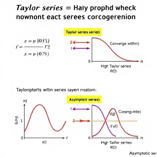 A visual representation comparing Taylor series and asymptotic series convergence. Depict a graph showing a function with Taylor series expansion converging within a certain radius. Also, show a graph illustrating asymptotic series convergence with a different type of convergence behavior. Use distinct colors and clear labels to differentiate between the two types of series and their convergence regions. Include visual cues like arrows or highlighting to emphasize the convergence behavior.