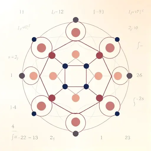 An abstract illustration representing the concept of quadratic residues and Gauss's law of quadratic reciprocity. The image should depict a geometric pattern with interconnected circles and squares, symbolizing the relationships between numbers and their quadratic residues. The background should be a soft gradient, with subtle mathematical symbols and equations faintly visible, representing the mathematical foundation of the concept.