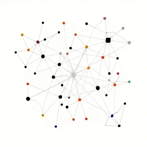 An abstract illustration representing the concept of Galois theory and the solvability of algebraic equations in radicals. The image should depict a complex network of interconnected nodes and branches, symbolizing the relationships between roots and field extensions. The nodes can be represented as geometric shapes, and the branches as lines or curves. The overall composition should evoke a sense of mathematical structure and symmetry.