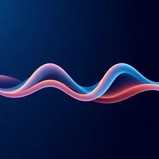 A visually abstract representation of the Korteweg-de Vries equation. Depict a flowing, undulating wave pattern that transitions from a linear, predictable form to a more complex, nonlinear one. Use color gradients to represent the interplay between nonlinearity (perhaps warmer colors) and dispersion (cooler colors). The background should be a subtle, dark blue to emphasize the wave's movement. Focus on the dynamic balance between these forces, showing how they influence the wave's shape and beh