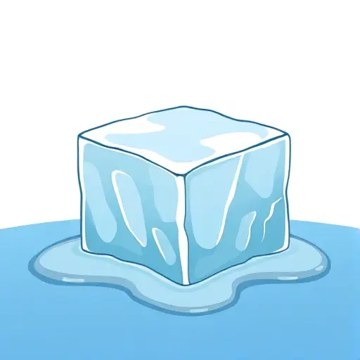 A stylized illustration depicting a block of ice melting. The ice should be partially melted, showing water droplets forming at the edges. The background should be a simple gradient of cool blues and whites, suggesting a cold environment. Focus on the transition from solid ice to liquid water, highlighting the physics of the melting process.