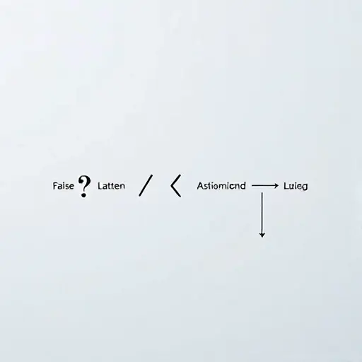 An abstract visualizing the concept of material implication and a broken chain of logic with a false premise leading to an absurd conclusion, symbolic representation of classical implication vs. relevant logic, subtle visual contrast between rigid truth tables and meaningful connection, minimalist symbolic icons: a broken arrow, a question mark over a false statement, and a coherent logical flow in another branch, no text, no letters, no digits, monochrome with soft blue and gray tones, smallHQ