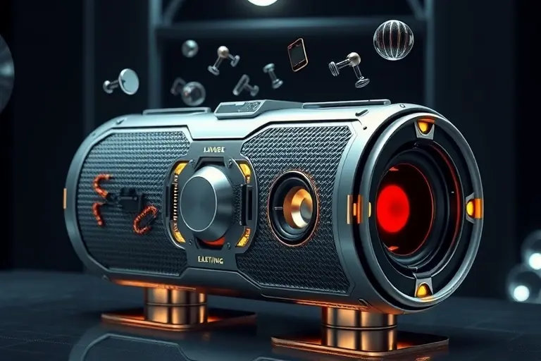 A futuristic and unconventional speaker design that appears to defy the laws of physics. The speaker should have a sleek, metallic, and almost alien-like appearance with floating components and glowing elements. The design should incorporate elements that seem impossible, such as floating magnets, levitating parts, and intricate patterns that create an illusion of motion. The background should be a dark, high-tech environment with subtle lighting to emphasize the speaker's unique features.