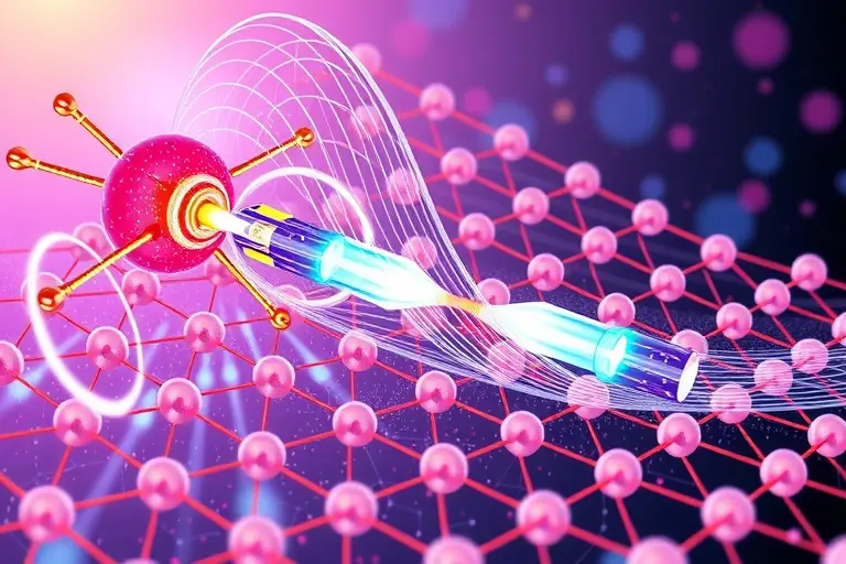 A abstract scientific illustration depicting novel interactions in superconductivity theory, with quantum vortices, electron pairing patterns, and condensed matter lattice structures in a futuristic, high-precision scientific style