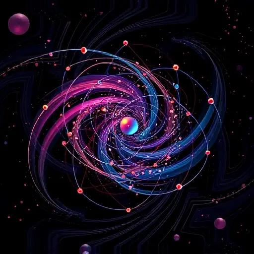 A visually appealing representation of Hamiltonian systems and KAM theory. Depict a stylized, interconnected network of swirling particles or points representing the system's state space. Highlight the concept of quasi-periodic orbits with distinct, stable paths within the network. Use color gradients to indicate energy levels or stability. Include a subtle visual representation of the KAM theorem – perhaps a few orbits remaining untouched by chaotic mixing, suggesting their preservation. The ov