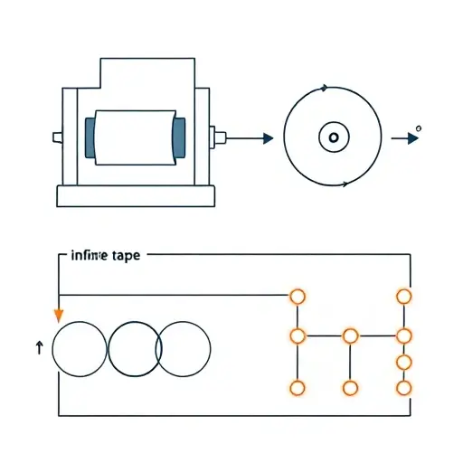A stylized illustration of a theoretical computer science concept showing a Turing machine with an infinite tape, a finite automaton, and a branching diagram representing enumeration of elements, using abstract symbols like arrows, loops, and glowing nodes, rendered in a clean, high‑detail smallHQ style, without any textual characters or digits