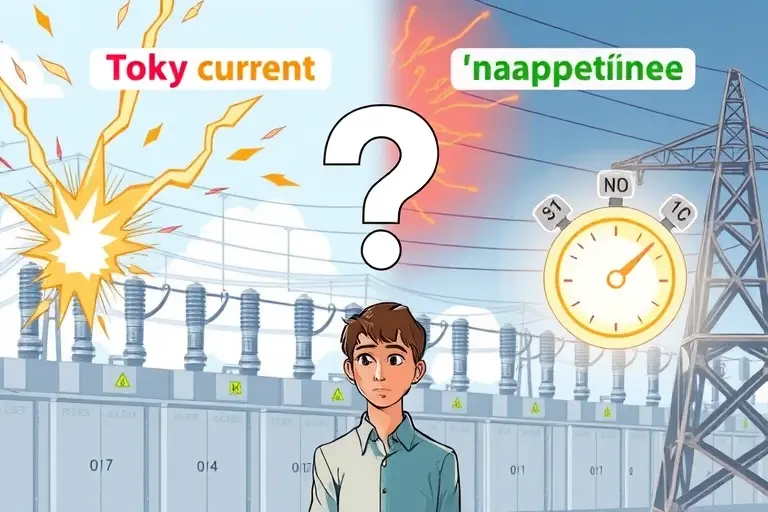 A high-quality illustration showing a split scene: on the left, a dangerous electric spark or lightning bolt striking a person, symbolizing 'ток' (current) as the cause of death; on the right, a bright voltage meter or power line with high voltage symbols, representing 'напряжение' (voltage) as the invisible threat; in the center, a question mark made of electrical symbols, with a person looking concerned; background is a modern electrical substation or power grid; clear educational infographic