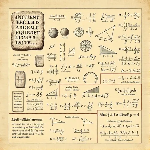A vintage mathematical illustration showing historical progression of methods for solving algebraic equations, featuring ancient clay tablets, early algebraic manuscripts, and modern algebraic symbols intertwined, with subtle references to Abel-Ruffini theorem and unsolvable quintic equations, rendered in a scholarly academic style with muted earth tones and elegant line work