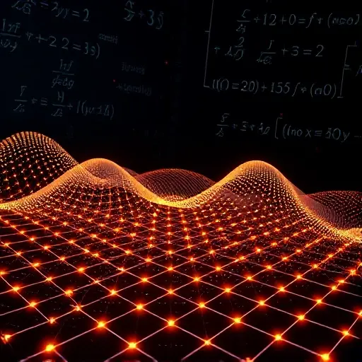 An abstract visualization of quantum Fourier transform as a mechanism for exponential speedup in integer factorization, showing quantum states evolving through interference patterns, with qubits represented as glowing nodes in a lattice, connected by wave-like probability amplitudes forming fractal-like structures, symbolizing the extraction of periodicity; background features subtle mathematical symbols of modular arithmetic and prime factorization, all rendered in a minimalist, high-detail sci