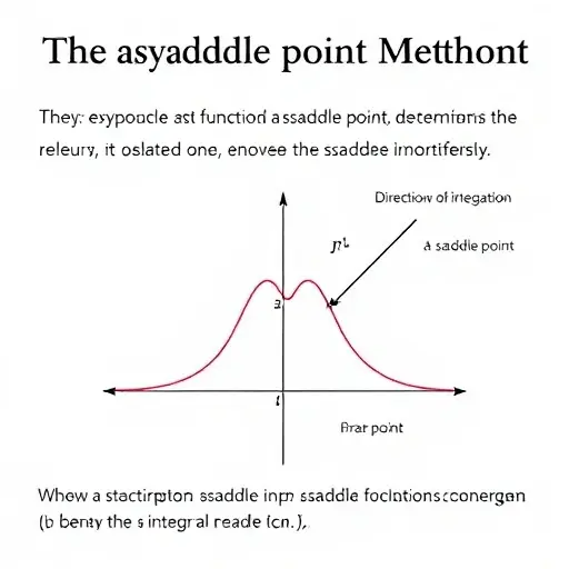 A visual representation of the saddle point method in asymptotic analysis of integrals. Depict a contour plot of a function with a saddle point. Show a curve approaching the saddle point, illustrating how the method helps determine the behavior of the integral near this point. Include arrows indicating the direction of integration and the flow of the contour lines. The background should be a subtle gradient.