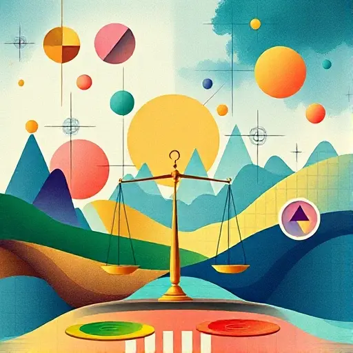 An abstract illustration representing the concept of algebraic and transcendental numbers. The image should depict a mathematical landscape with geometric shapes and patterns symbolizing algebraic numbers, and more organic, flowing forms representing transcendental numbers. The scene should include a balance scale to signify the classification and comparison between these two types of numbers. Use a color palette that conveys the complexity and beauty of mathematical concepts.