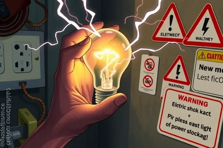 A dramatic illustration showing a person holding a light bulb with visible electric current flowing through it, emphasizing the danger of electric shock, with a background of a power outlet and warning signs, in a realistic style