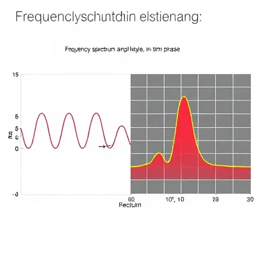 A visual representation of a frequency domain analysis. The image should depict a signal in the time domain on the left, transitioning to its corresponding frequency spectrum on the right. The frequency spectrum should show amplitude and phase components as distinct visual elements (e.g., a graph with peaks indicating amplitude and angles indicating phase). Use color gradients to differentiate between frequency bands.