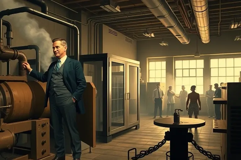 A historical scene depicting Willis Carrier, the inventor of modern air conditioning, standing in a early 20th-century laboratory with a large mechanical air conditioning unit, surrounded by steam and cooling coils, while a hot, stuffy room with sweating people is visible in the background, conveying the contrast between heat and cooled air, in a vintage industrial style