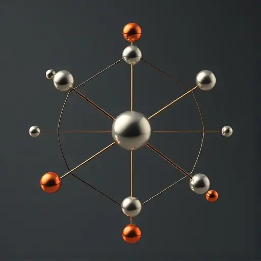 A visually engaging representation of the principles of action in classical mechanics. Depict a system of interconnected objects (e.g., spheres, rods) demonstrating forces and motion. Include elements illustrating stability and the generalization of the method to relativistic and quantum physics – perhaps subtle visual cues representing wave-particle duality or spacetime curvature. Focus on conveying abstract concepts through dynamic visual relationships and geometric forms.