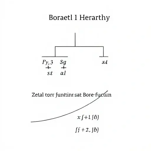 An abstract, stylized illustration of the Borel hierarchy in descriptive set theory, showing a multi-level tree of nested sets with arrows indicating inclusion, and a simple continuous function (zero-class Borel function) represented as a smooth curve mapping between two sets, all depicted in a clean, minimalistic style without any textual labels or numbers.