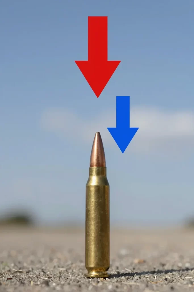 A photorealistic cross-section diagram showing a bullet fired vertically upwards, illustrating the principles of gravity and air resistance. The scene depicts a metallic bullet rising from the bottom of the frame towards the sky. A prominent red downward arrow represents the force of gravity, and a smaller blue downward arrow represents air resistance acting against the motion. The background transitions from a blurred ground level at the bottom to a clear blue sky with subtle clouds at the top,