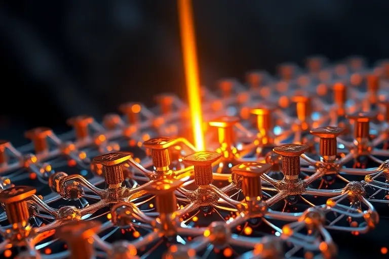 A futuristic nanoscale antenna array interacting with a focused beam of light, showing extreme electromagnetic field localization at the subatomic scale, with quantum-scale details of light-matter interaction, glowing plasmonic hotspots, and nanoscale structures made of gold and silicon, rendered in high detail with soft volumetric lighting and a dark scientific background