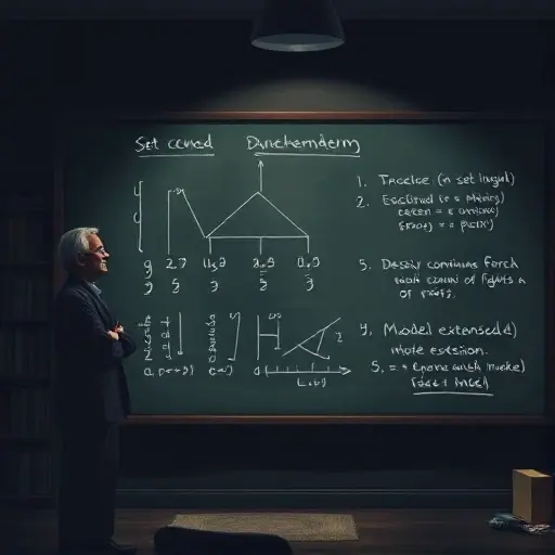 A dimly lit study with a mathematician standing beside a large chalkboard. The chalkboard is filled with abstract set theory symbols, a branching tree diagram representing forcing, a dense continuum of points, and a subtle illustration of a model extension. The scene is rendered in a stylized, abstract style with muted colors and soft lighting, emphasizing the mathematical concepts without any textual labels.