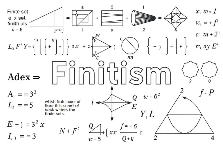 A high-quality illustration representing the foundations of finitism and the mathematics of finite structures, featuring symbolic elements such as finite sets, logical notation, and compact algebraic structures, rendered in a clean, educational style with precise lines and balanced composition, suitable for a technical textbook cover