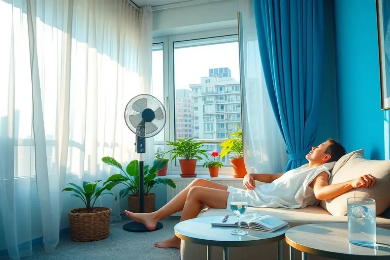 A modern apartment interior during extreme heat, with sunlight streaming through windows, curtains gently fluttering, a cool blue-toned room with a fan circulating air, a person relaxing on a sofa with a damp towel on their neck, potted plants near a window, and a glass of water with ice on a side table, no visible air conditioning units, serene and calming atmosphere