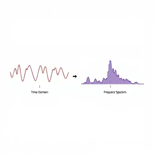 A visual representation of a signal being transformed from the time domain to the frequency domain. Show a waveform in the time domain on the left, and its corresponding frequency spectrum on the right. The frequency spectrum should display peaks indicating the dominant frequencies present in the signal. Use a clear and informative visualization to illustrate the concept of frequency analysis.