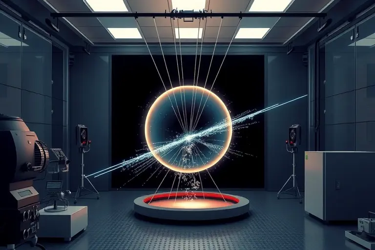 A sophisticated scientific illustration showing a laboratory setup that simulates Hawking radiation: a black hole analog device with a glowing event horizon, quantum particles emitting faint radiation, advanced detectors and laser equipment surrounding it, and subtle representations of quantum gravity concepts like spacetime curvature and entanglement patterns, all rendered in a realistic, high‑detail style