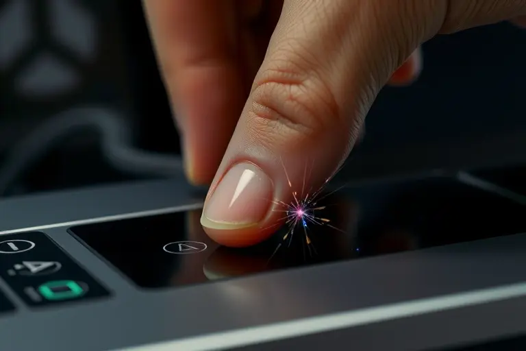 A close-up of a hand gently touching the metal casing of an electronic device, with a subtle electric spark or static discharge effect visible on the surface, realistic lighting, high detail, no text or symbols