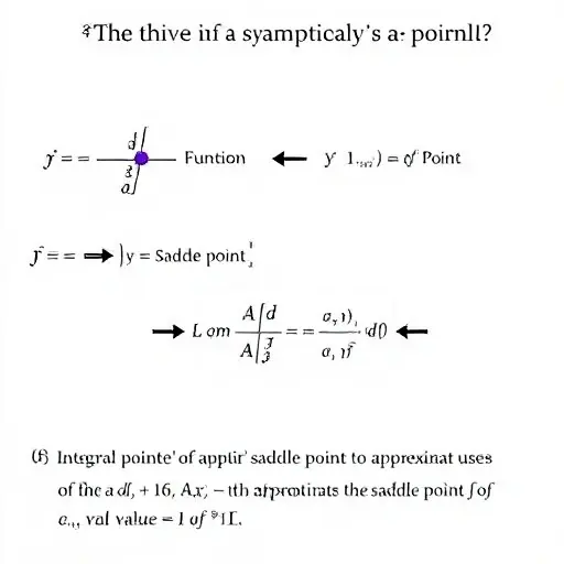 A visual representation of the method of saddle point in asymptotic analysis of integrals. Depict a function with a saddle point, an integral being evaluated, and the saddle point being used to approximate the integral's value. Use arrows to show the approximation process. Focus on the mathematical concept, not specific numerical values.