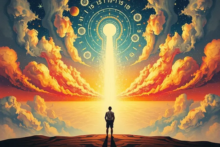 An abstract, surreal illustration representing the Berry paradox: a thoughtful figure standing before an endless number line that fades into a mysterious, unreachable point, surrounded by swirling clouds of contemplation and symbolic shapes that evoke the difficulty of naming numbers, rendered in high detail and vivid colors