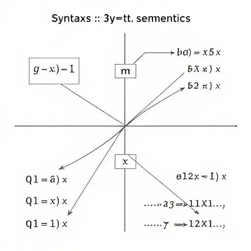 A visual representation of the relationship between syntax and semantics in logical systems. The image should depict abstract symbols and structures that represent logical expressions, with clear connections showing how syntax (the structure of the expressions) influences semantics (the meaning of the expressions). Use geometric shapes and lines to illustrate the logical flow and relationships.