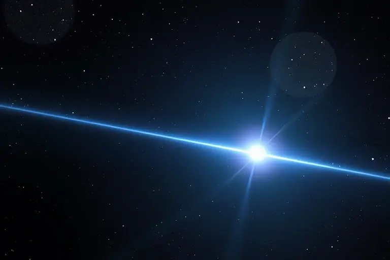A visually stunning depiction of the speed of light, showing a beam of light traveling through space. The background should be a vast, dark expanse of space filled with distant galaxies and nebulae. The light beam should be bright and clearly defined, illustrating its speed and direction.