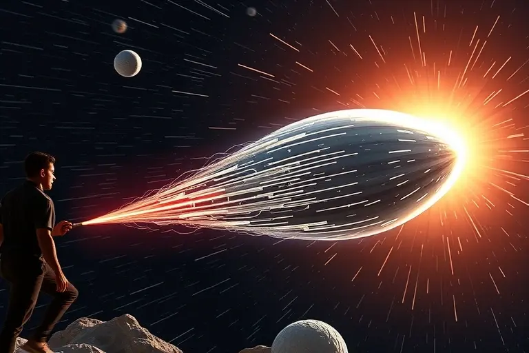 A visual representation of the concept of exceeding the speed of light and the resulting increase in mass. Depict a person attempting to accelerate a spacecraft to near-light speed, with the spacecraft visibly becoming increasingly massive and distorted as it approaches the speed of light. Include visual cues representing relativistic effects like time dilation and length contraction.