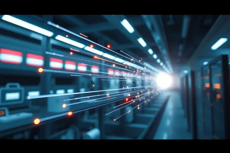 A futuristic scene showcasing an optical fiber cable made entirely of air, with light beams traveling through it. The cable should appear transparent and ethereal, with a glowing effect around it. The background should be a high-tech laboratory or a futuristic cityscape to emphasize the advanced technology.