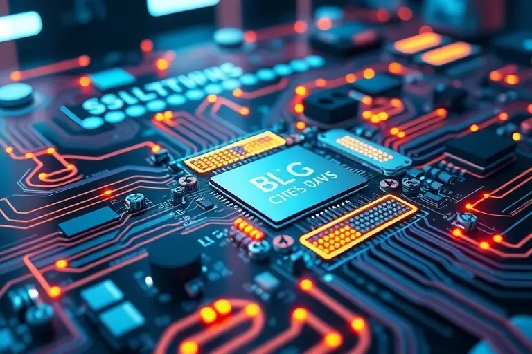 A futuristic electronic circuit board with glowing graphene-based memristors, showing nanoscale structures and electron flow patterns, high-tech laboratory background, scientific visualization style, intricate details of carbon lattice and resistive switching elements