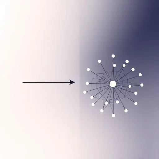 An abstract visual representation of logical implication: one side shows a classical logic diagram with a clear arrow from premise to conclusion, symbolizing material implication; the other side shows a more nuanced, interconnected web of relevance, where the arrow is embedded within a context-sensitive network, suggesting that implication depends on meaningful connection, not just truth values. Use soft gradients, minimalist symbols, and a balanced composition to contrast classical and relevant
