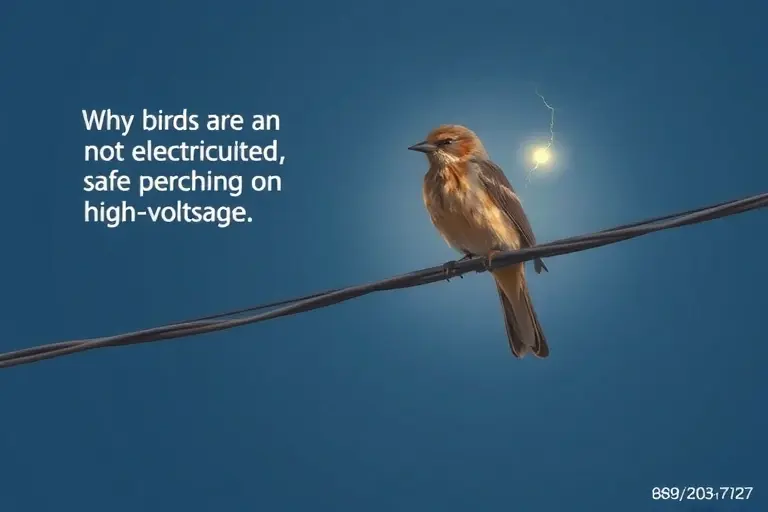 A realistic illustration of a bird perched on an electrical power line, with a subtle electric spark or field effect around the bird to symbolize why birds are not electrocuted, showing safe perching on high-voltage wires, no text or numbers on the image