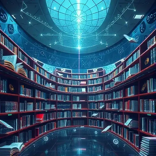 A futuristic library with floating books and holographic equations, representing Grothendieck's topos theory as a foundation of mathematics and science, with abstract geometric shapes and symbolic structures in the background, in the style of smallHQ