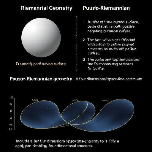 A visual representation of the conceptual differences between Riemannian and pseudo-Riemannian geometry, focusing on the curvature and metric properties. The image should depict a smooth, positively curved surface for Riemannian geometry and a surface with both positive and negative curvature for pseudo-Riemannian geometry. Include a four-dimensional space-time continuum to illustrate the application of pseudo-Riemannian geometry in describing four-dimensional structures.