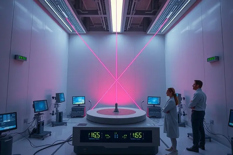 A futuristic laboratory scene showing advanced laser-based gravimetric scales measuring microgravity, with precise laser beams intersecting in a vacuum chamber, digital readouts displaying extremely small gravitational variations, scientists in modern lab coats observing monitors, high-tech equipment with glowing indicators, clean minimalist design, soft ambient lighting, scientific precision and innovation theme
