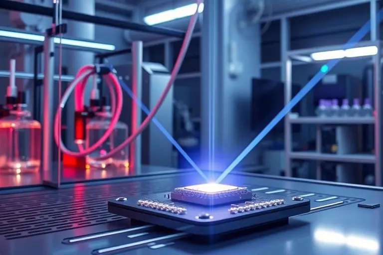 A futuristic laboratory setting showcasing a single-photon transistor and light-based processors. The image should depict advanced optical components, fiber optic cables, and a high-tech experimental setup with lasers and light beams. The scene should convey the concept of transitioning to fully optical processors, highlighting their speed and efficiency.