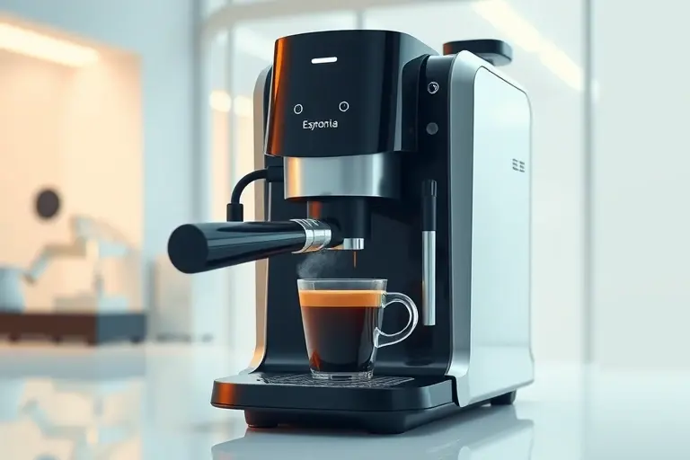 A futuristic coffee machine with ultrasonic components, showcasing the process of making espresso. The machine should be sleek and modern, with visible ultrasonic transducers. Steam should be subtly present, indicating the coffee is being brewed. The background should be a clean, minimalist laboratory setting.