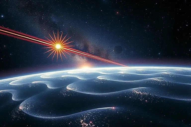 A cosmic scene depicting the concept of the universe's hum and low-frequency gravitational waves. Show a vast, star-filled sky with pulsars emitting rhythmic pulses of light, symbolizing the Pulsar Timing Array (PTA). Include subtle, wavy distortions in the fabric of space-time to represent gravitational waves. The overall atmosphere should be serene and mysterious, emphasizing the grandeur of the cosmos.