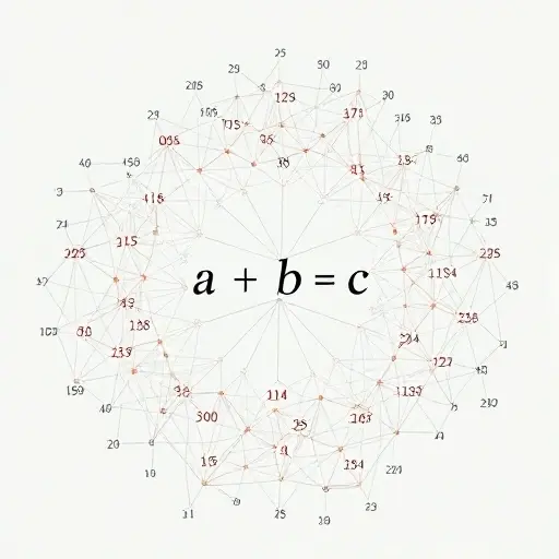 An abstract mathematical visualization representing the ABC conjecture: a complex network of interconnected nodes labeled with integers, forming a fractal-like structure with subtle glowing connections suggesting deep number-theoretic relationships, centered around a symbolic equation 'a + b = c' written in elegant mathematical notation, surrounded by faint traces of prime factorizations and radical symbols, all rendered in a clean, minimalist, high-detail style suitable for scientific illustrat