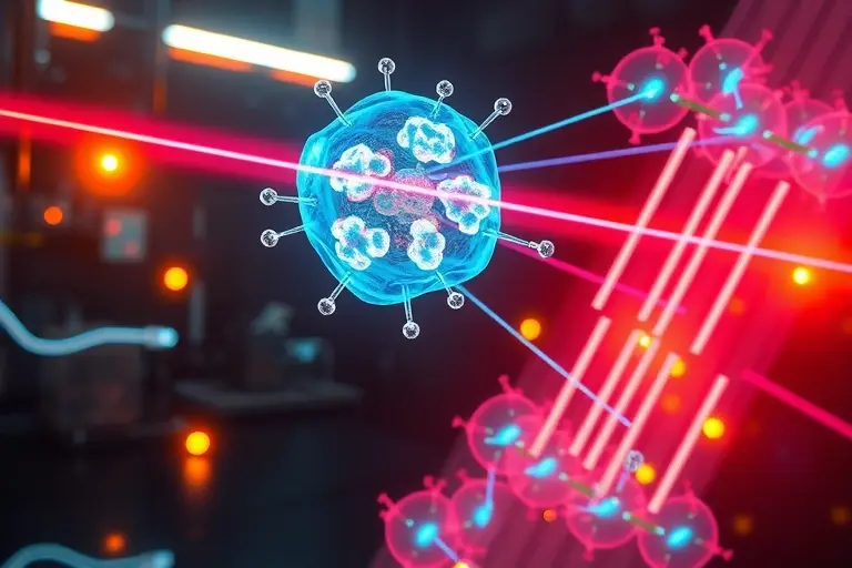 A futuristic laboratory scene showing a living cell emitting coherent light beams, with glowing molecular structures and laser-like rays inside the cell, high detail, scientific illustration, vibrant colors, no text or symbols