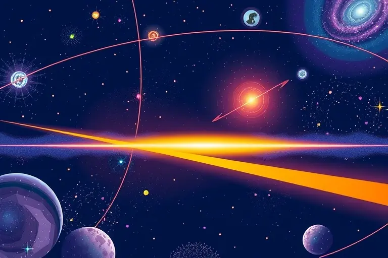 A vibrant illustration depicting the concept of the speed of light limit. Show a stylized depiction of the universe with galaxies and stars, and a beam of light traveling through space. Include a visual representation of the speed of light as a defined boundary, perhaps with a shimmering barrier or a distorted spacetime effect.